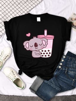 Koala Like Drink Milk Tea Cute Print T-Shirt Womans Kawaii Cartoon Graphic Clothes Womens Oversize Harajuku Funny Girls Tshirts