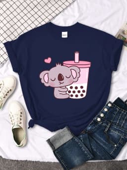 Koala Like Drink Milk Tea Cute Print T-Shirt Womans Kawaii Cartoon Graphic Clothes Womens Oversize Harajuku Funny Girls Tshirts
