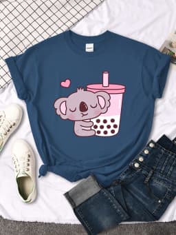 Koala Like Drink Milk Tea Cute Print T-Shirt Womans Kawaii Cartoon Graphic Clothes Womens Oversize Harajuku Funny Girls Tshirts