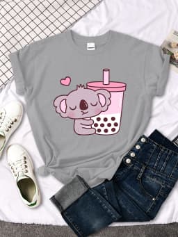 Koala Like Drink Milk Tea Cute Print T-Shirt Womans Kawaii Cartoon Graphic Clothes Womens Oversize Harajuku Funny Girls Tshirts
