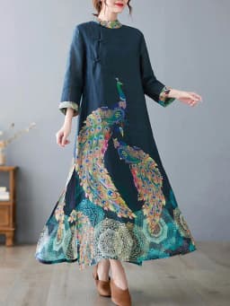 Amax luluE Fashion 2024 Spring Womens Vintage Button Design Dress Chinese Style Print Elegant Linen Vestidos Patchwork Dresses