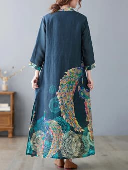 Amax luluE Fashion 2024 Spring Womens Vintage Button Design Dress Chinese Style Print Elegant Linen Vestidos Patchwork Dresses