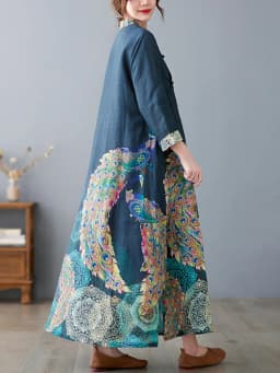 Amax luluE Fashion 2024 Spring Womens Vintage Button Design Dress Chinese Style Print Elegant Linen Vestidos Patchwork Dresses