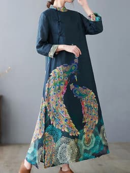 Amax luluE Fashion 2024 Spring Womens Vintage Button Design Dress Chinese Style Print Elegant Linen Vestidos Patchwork Dresses