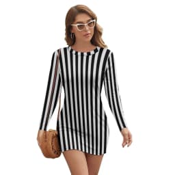 Vintage Striped Print Dress Long Sleeve Black White Vertical Stripes Night Club Dresses Autumn Lady Street Fashion Bodycon Dress