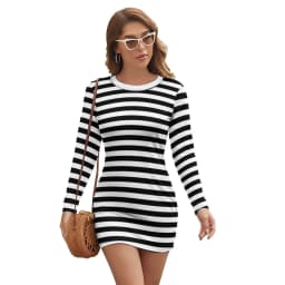 Vintage Striped Print Dress Long Sleeve Black White Vertical Stripes Night Club Dresses Autumn Lady Street Fashion Bodycon Dress