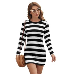 Vintage Striped Print Dress Long Sleeve Black White Vertical Stripes Night Club Dresses Autumn Lady Street Fashion Bodycon Dress