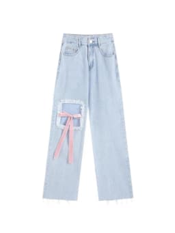 Blue Ripped Vintage Woman's Jeans Streetwear Harajuku High Waist Lace Up Pants Summer Fashion Straight Denim Trousers Ladies