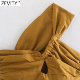 Zevity Women Sexy Two Color Single Shoulder Knotted Linen Smock Blouse Lady Chic Pleat Side Zipper Crop Shirt Blusas Tops LS9969