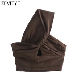 Zevity Women Sexy Two Color Single Shoulder Knotted Linen Smock Blouse Lady Chic Pleat Side Zipper Crop Shirt Blusas Tops LS9969