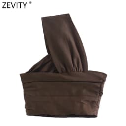 Zevity Women Sexy Two Color Single Shoulder Knotted Linen Smock Blouse Lady Chic Pleat Side Zipper Crop Shirt Blusas Tops LS9969