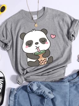 Kawaii Panda And Its Favorite Bubble Tea Female T-Shirt Street Personality Crop Top Summer Casual Tees Shirts Cool Sport Tshirts