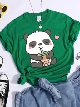 Kawaii Panda And Its Favorite Bubble Tea Female T-Shirt Street Personality Crop Top Summer Casual Tees Shirts Cool Sport Tshirts