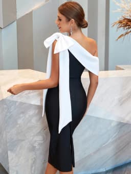 Wholesale Women's Stretch Knit Black Blue Bow Tie One Shoulder Sexy Mid-Length Evening Celebrity Cocktail Party Bandag Dress