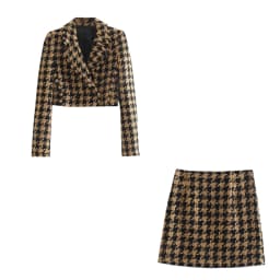 xikom 2021 Tweed Summer Women Two-piece Set Vintage Plaid long Sleeve short Blazer coat Female Slim High Waist Skirt Suits