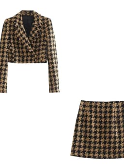xikom 2021 Tweed Summer Women Two-piece Set Vintage Plaid long Sleeve short Blazer coat Female Slim High Waist Skirt Suits