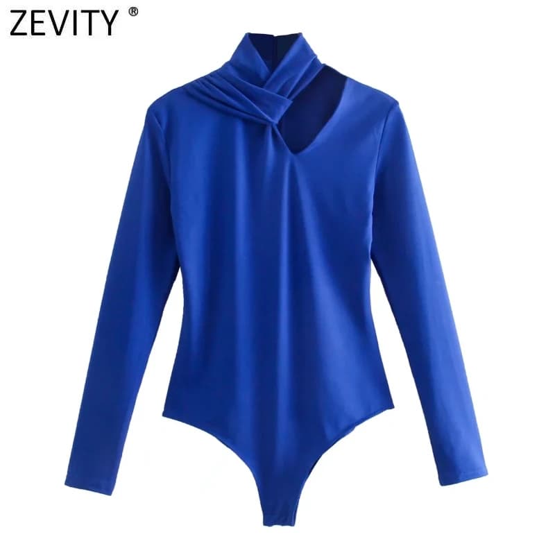 Zevity New Women Sexy Knotted Hollow Out Design Solid Blue Color Slim Bodysuits Lady Chic High Street Back Zipper Rompers LS9798