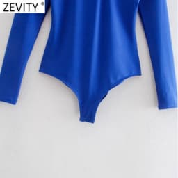 Zevity New Women Sexy Knotted Hollow Out Design Solid Blue Color Slim Bodysuits Lady Chic High Street Back Zipper Rompers LS9798
