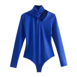 Zevity New Women Sexy Knotted Hollow Out Design Solid Blue Color Slim Bodysuits Lady Chic High Street Back Zipper Rompers LS9798