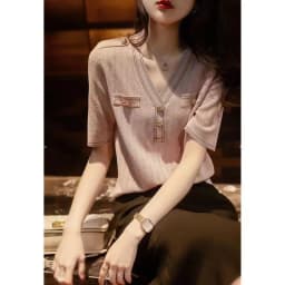 Small fragrant wind knitted ice silk short sleeve women's summer new buckle bottom half sleeve temperament cotton thread T-shirt