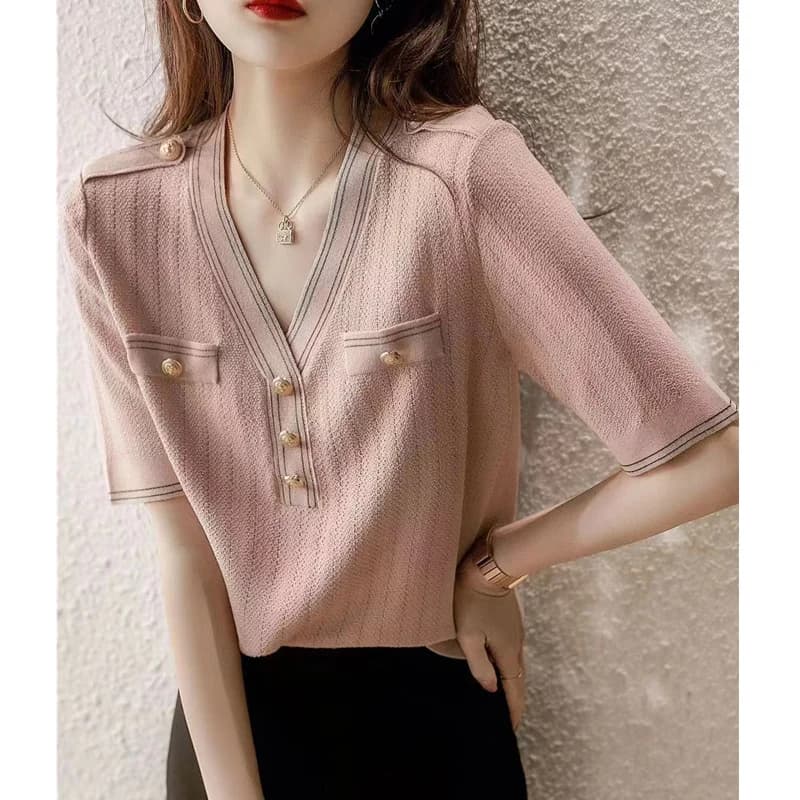 Small fragrant wind knitted ice silk short sleeve women's summer new buckle bottom half sleeve temperament cotton thread T-shirt