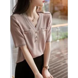 Small fragrant wind knitted ice silk short sleeve women's summer new buckle bottom half sleeve temperament cotton thread T-shirt