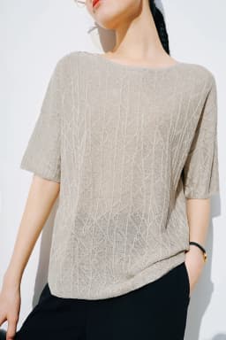 European station summer ice silk pleated short sleeve T-shirt women's round collar loose versatile solid color knit top
