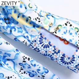 Zevity 2021 Women Vintage V Neck Cloth Patchwork Print Mini Shirt Dress Female Chic Breasted Elastic Waist Retro Vestidos DS8398