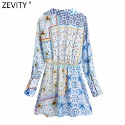 Zevity 2021 Women Vintage V Neck Cloth Patchwork Print Mini Shirt Dress Female Chic Breasted Elastic Waist Retro Vestidos DS8398