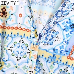 Zevity 2021 Women Vintage V Neck Cloth Patchwork Print Mini Shirt Dress Female Chic Breasted Elastic Waist Retro Vestidos DS8398