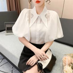 Summer Women's Tops Diamond Point Collar Lantern Short Sleeve White Shirt Korean Fashion Designer Women's Clothing Office