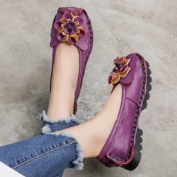 Vintage Real Leather Ballet Flats Shoes Women's Loafers Anti Skid Blue Moccasins Ladies Waterproof Driving Shoes Big Size 42