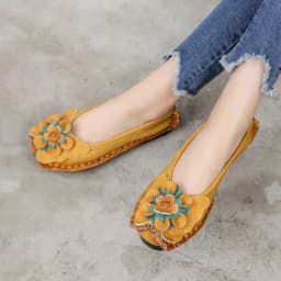 Vintage Real Leather Ballet Flats Shoes Women's Loafers Anti Skid Blue Moccasins Ladies Waterproof Driving Shoes Big Size 42