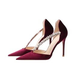 Bling Banked Crystal Strap wedding Pumps Thin Heels Claret-red Velvet Mesh Pointed Toe Woman Side Cutout Banquet High Heel Shoes