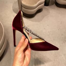 Bling Banked Crystal Strap wedding Pumps Thin Heels Claret-red Velvet Mesh Pointed Toe Woman Side Cutout Banquet High Heel Shoes