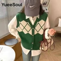Vintage Cardigan 2025 New Printed Sleeveless Single Breasted Oversized Knitted Vest Women Casual Streetwear Womens Sweater