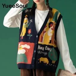 Vintage Cardigan 2025 New Printed Sleeveless Single Breasted Oversized Knitted Vest Women Casual Streetwear Womens Sweater