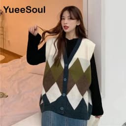 Vintage Cardigan 2025 New Printed Sleeveless Single Breasted Oversized Knitted Vest Women Casual Streetwear Womens Sweater