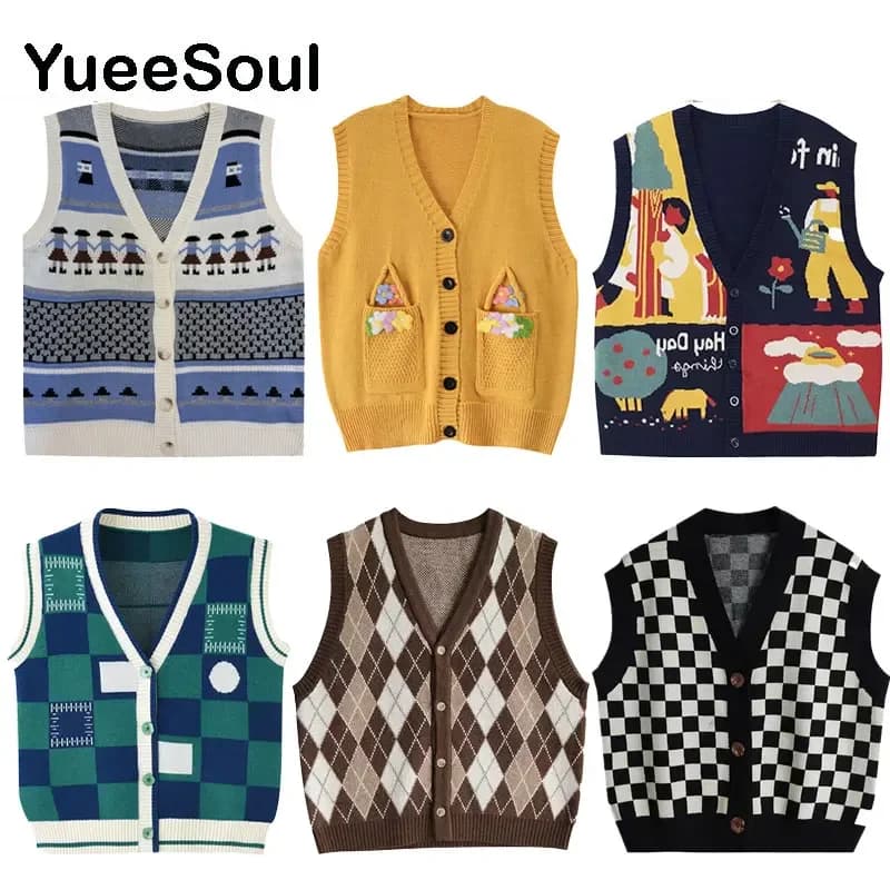 Vintage Cardigan 2025 New Printed Sleeveless Single Breasted Oversized Knitted Vest Women Casual Streetwear Womens Sweater
