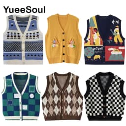 Vintage Cardigan 2025 New Printed Sleeveless Single Breasted Oversized Knitted Vest Women Casual Streetwear Womens Sweater