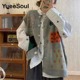 Vintage Cardigan 2025 New Printed Sleeveless Single Breasted Oversized Knitted Vest Women Casual Streetwear Womens Sweater