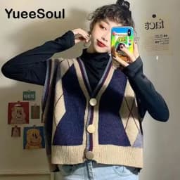 Vintage Cardigan 2025 New Printed Sleeveless Single Breasted Oversized Knitted Vest Women Casual Streetwear Womens Sweater