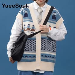 Vintage Cardigan 2025 New Printed Sleeveless Single Breasted Oversized Knitted Vest Women Casual Streetwear Womens Sweater