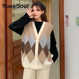 Vintage Cardigan 2025 New Printed Sleeveless Single Breasted Oversized Knitted Vest Women Casual Streetwear Womens Sweater