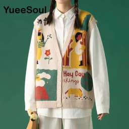 Vintage Cardigan 2025 New Printed Sleeveless Single Breasted Oversized Knitted Vest Women Casual Streetwear Womens Sweater
