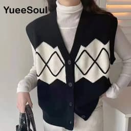 Vintage Cardigan 2025 New Printed Sleeveless Single Breasted Oversized Knitted Vest Women Casual Streetwear Womens Sweater