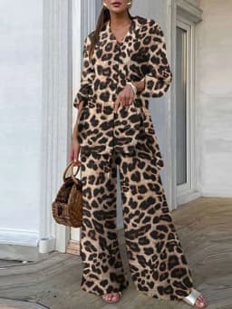 Fashion Women Leopard Print Pant Sets ZANZEA Casual Loose Tops and Pant Outfits 2023 Autumn Wide Leg Pant Leisure Two Piece Sets
