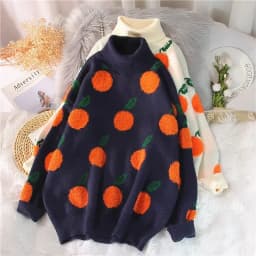 EBAIHUI Autumn Winter Sweaters Cherry Pattern Long Sleeve Tops Women Turtleneck Knitted Jumpers Pullover Mujer