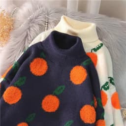 EBAIHUI Autumn Winter Sweaters Cherry Pattern Long Sleeve Tops Women Turtleneck Knitted Jumpers Pullover Mujer