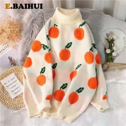 EBAIHUI Autumn Winter Sweaters Cherry Pattern Long Sleeve Tops Women Turtleneck Knitted Jumpers Pullover Mujer